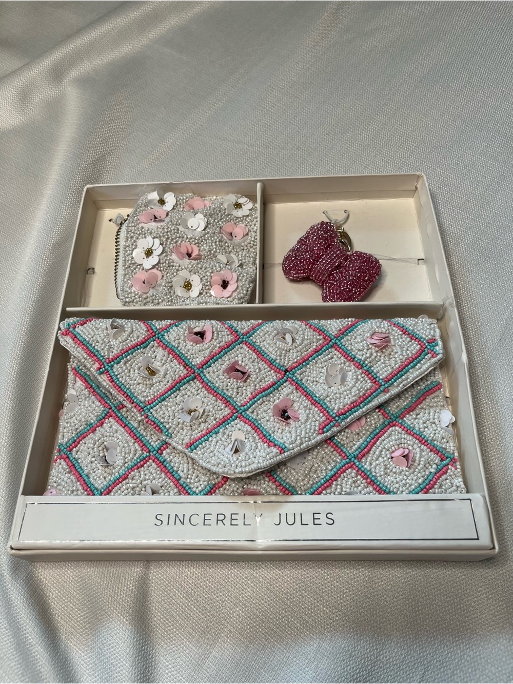 Sincerely Jules Beaded Clutch Set Coin Purse Bow Charm Coquette Floral Statement